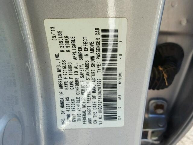1HGCR2F84DA207567 - 2013 HONDA ACCORD EXL GRAY photo 10
