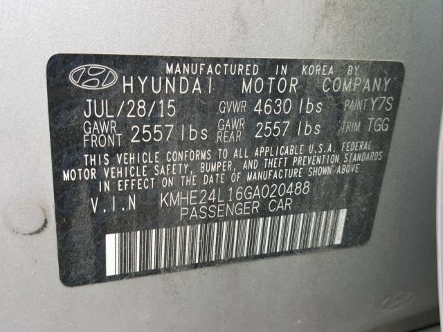 KMHE24L16GA020488 - 2016 HYUNDAI SONATA HYB GRAY photo 10