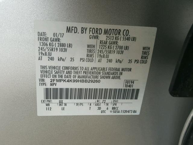 2FMPK4K99HBB29260 - 2017 FORD EDGE TITAN GRAY photo 10