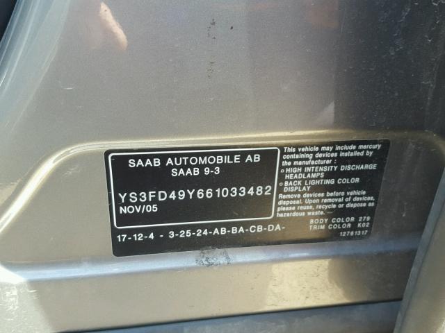 YS3FD49Y661033482 - 2006 SAAB 9-3 BASE GRAY photo 10