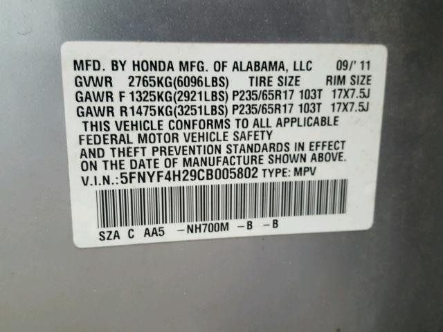 5FNYF4H29CB005802 - 2012 HONDA PILOT LX SILVER photo 10