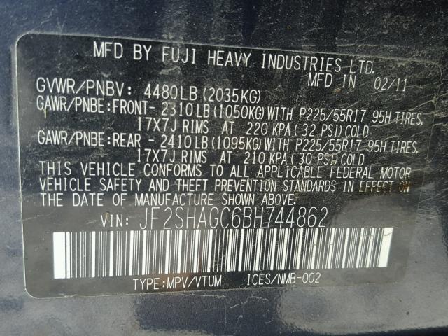 JF2SHAGC6BH744862 - 2011 SUBARU FORESTER T GRAY photo 10