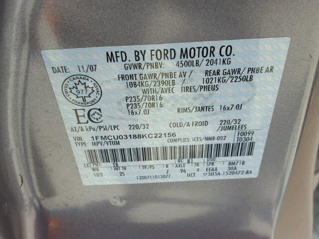 1FMCU03188KC22156 - 2008 FORD ESCAPE XLT GRAY photo 10