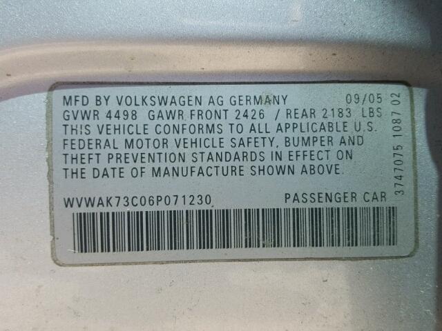 WVWAK73C06P071230 - 2006 VOLKSWAGEN PASSAT 2.0 SILVER photo 10