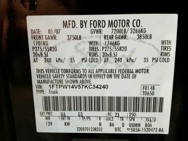 1FTPW14V57KC34240 - 2007 FORD F150 SUPER BLACK photo 10