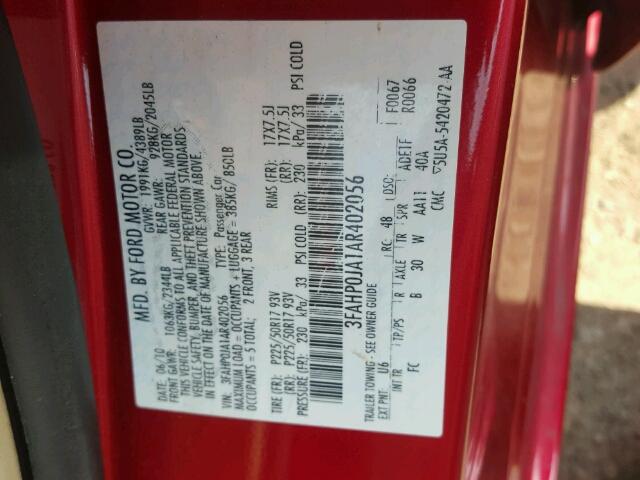 3FAHP0JA1AR402056 - 2010 FORD FUSION SEL RED photo 10