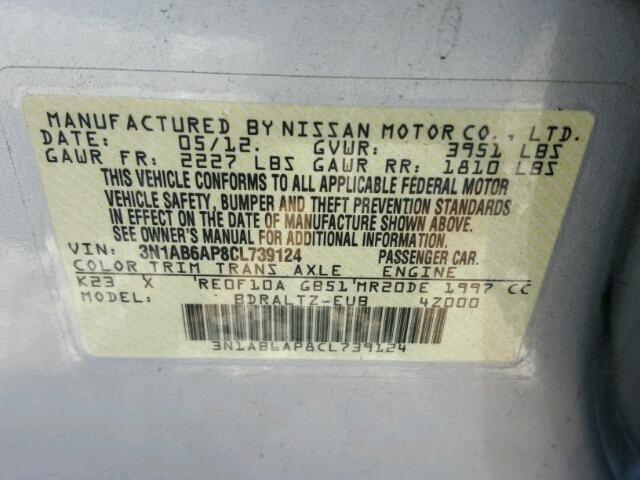 3N1AB6AP8CL739124 - 2012 NISSAN SENTRA 2.0 SILVER photo 10