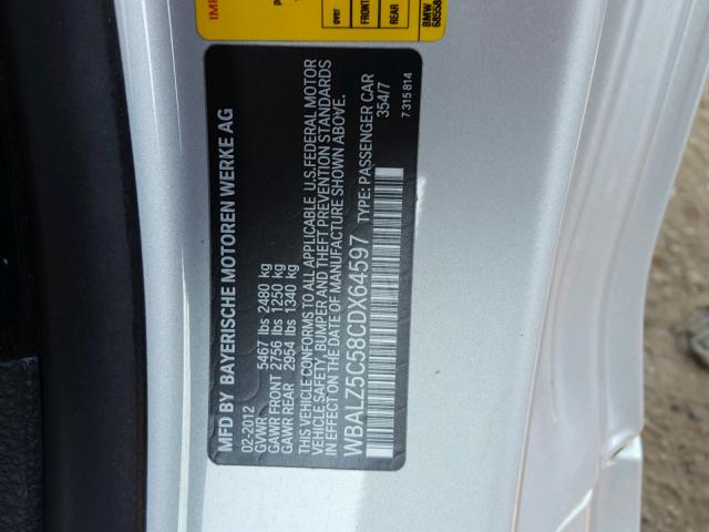 WBALZ5C58CDX64597 - 2012 BMW 650 XI SILVER photo 10