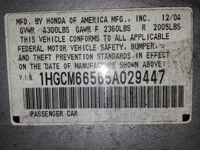 1HGCM66565A029447 - 2005 HONDA ACCORD SILVER photo 10