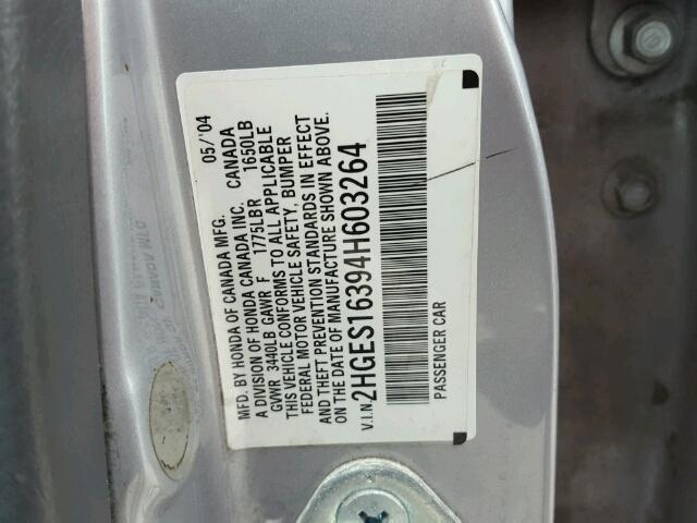 2HGES16394H603264 - 2004 HONDA CIVIC DX V SILVER photo 10