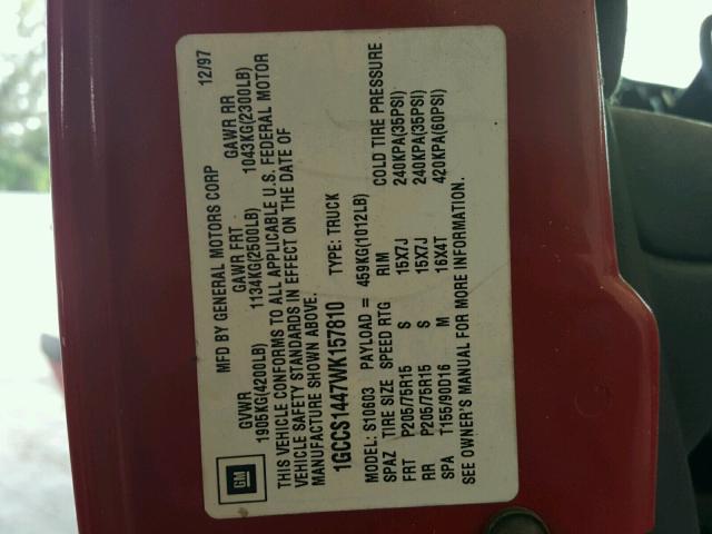 1GCCS1447WK157810 - 1998 CHEVROLET S TRUCK S1 RED photo 10