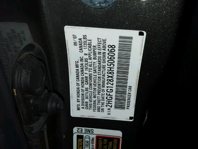 2HGFG128X8H506068 - 2008 HONDA CIVIC EX Сұр фото 10