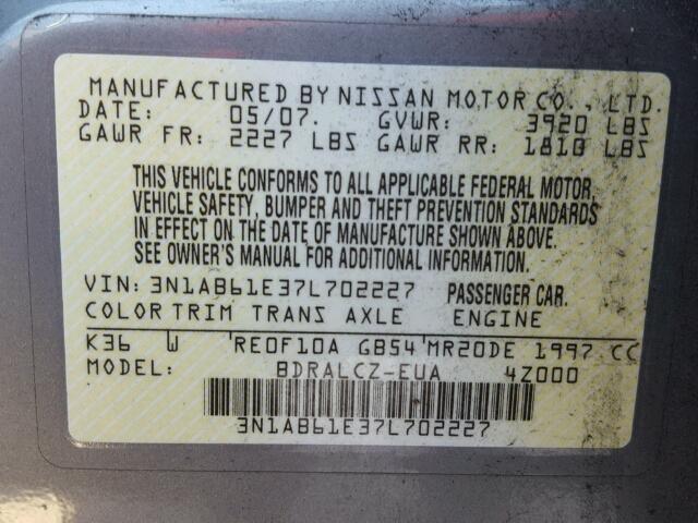 3N1AB61E37L702227 - 2007 NISSAN SENTRA 2.0 GRAY photo 10