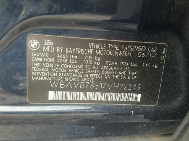 WBAVB73517VH22249 - 2007 BMW 335 I BLACK photo 10