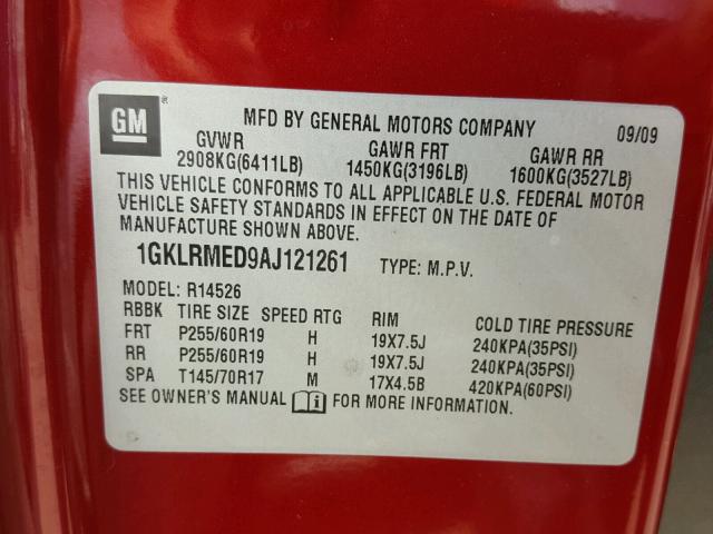 1GKLRMED9AJ121261 - 2010 GMC ACADIA SLT წითელი ფოტო 10