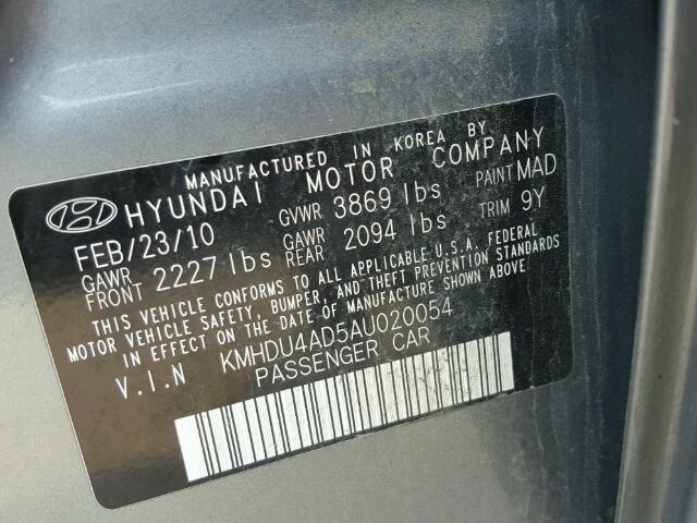 KMHDU4AD5AU020054 - 2010 HYUNDAI ELANTRA BL GRAY photo 10