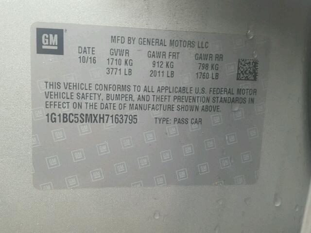 1G1BC5SMXH7163795 - 2017 CHEVROLET CRUZE SILVER photo 10