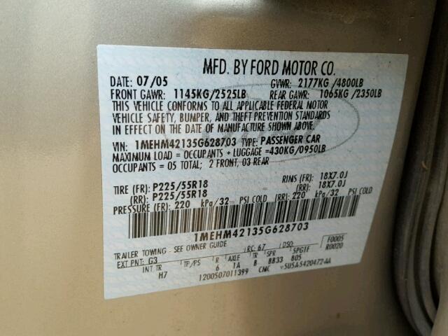 1MEHM42135G628703 - 2005 MERCURY MONTEGO PR 棕色 照片 10