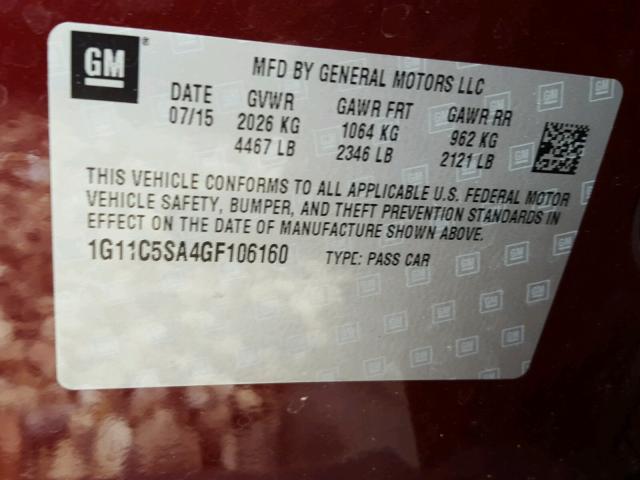 1G11C5SA4GF106160 - 2016 CHEVROLET MALIBU LIM BURGUNDY photo 10