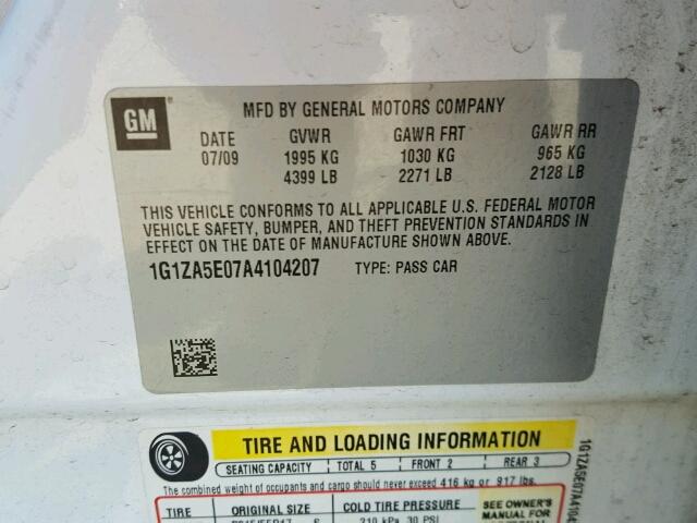 1G1ZA5E07A4104207 - 2010 CHEVROLET MALIBU LS თეთრი ფოტო 10