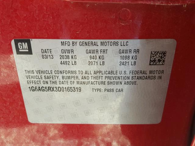 1G6AG5RX3D0165319 - 2013 CADILLAC ATS RED photo 10