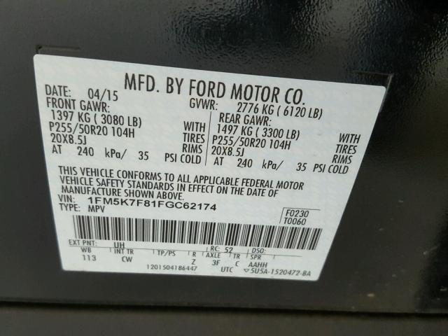 1FM5K7F81FGC62174 - 2015 FORD EXPLORER L BLACK photo 10