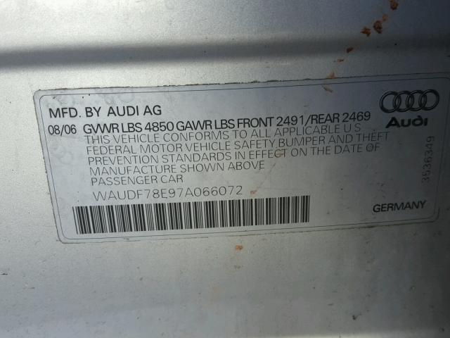 WAUDF78E97A066072 - 2007 AUDI A4 2.0T QU SILVER photo 10