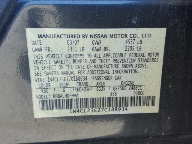 1N4CL21E27C188934 - 2007 NISSAN ALTIMA HYB GRAY photo 10