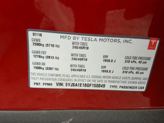 5YJSA1E18GF150849 - 2016 TESLA MODEL S RED photo 10