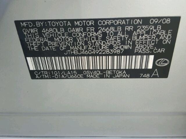 JTHBJ46G492283987 - 2009 LEXUS ES 350 SILVER photo 10