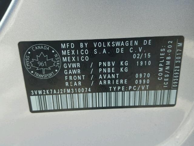 3VW2K7AJ2FM310074 - 2015 VOLKSWAGEN JETTA BASE SILVER photo 10