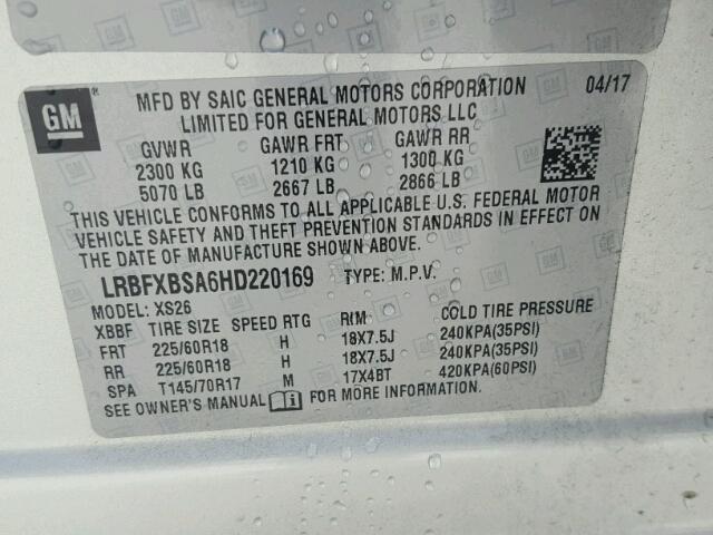 LRBFXBSA6HD220169 - 2017 BUICK ENVISION E Күміс фото 10