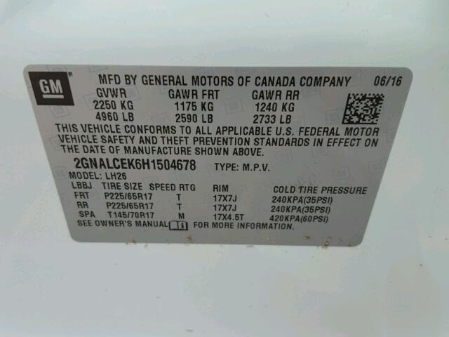 2GNALCEK6H1504678 - 2017 CHEVROLET EQUINOX LT WHITE photo 10