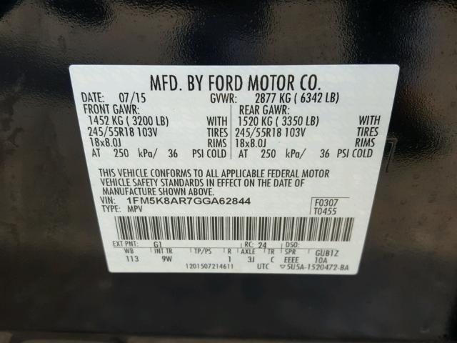 1FM5K8AR7GGA62844 - 2016 FORD EXPLORER P GRAY photo 10