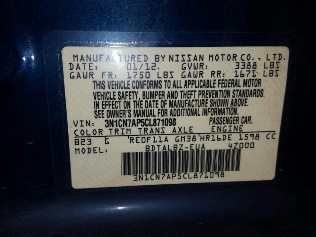 3N1CN7AP5CL871098 - 2012 NISSAN VERSA S BLUE photo 10