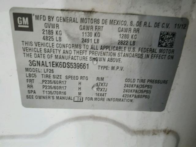 3GNAL1EK6DS539661 - 2013 CHEVROLET CAPTIVA LS 白色 照片 10