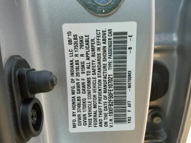 19XFB2F50FE107021 - 2015 HONDA CIVIC SILVER photo 10