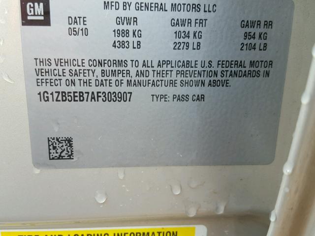 1G1ZB5EB7AF303907 - 2010 CHEVROLET MALIBU LS თაფლისფერი ფოტო 10