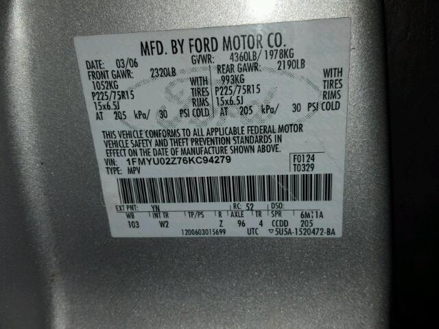 1FMYU02Z76KC94279 - 2006 FORD ESCAPE GRAY photo 10