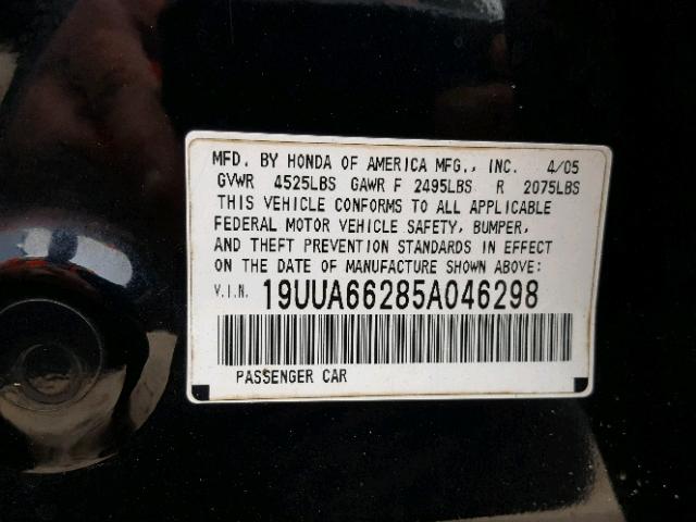 19UUA66285A046298 - 2005 ACURA TL BLACK photo 10