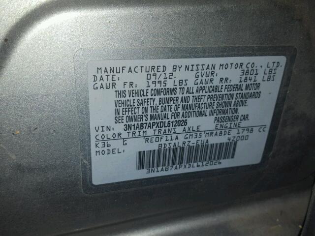 3N1AB7APXDL612026 - 2013 NISSAN SENTRA S GRAY photo 10