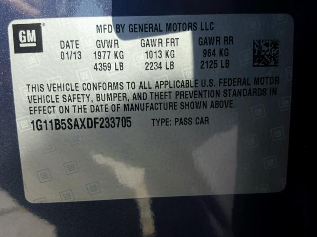 1G11B5SAXDF233705 - 2013 CHEVROLET MALIBU LS ლურჯი ფოტო 10