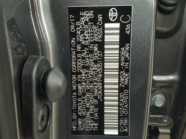 JTDKARFP4H3051137 - 2017 TOYOTA PRIUS PRIM გრაფიტი ფოტო 10