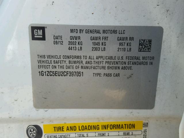 1G1ZC5EU2CF397051 - 2012 CHEVROLET MALIBU 1LT WHITE photo 10