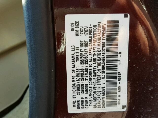 5FNRL3H99AB007857 - 2010 HONDA ODYSSEY TO MAROON photo 10