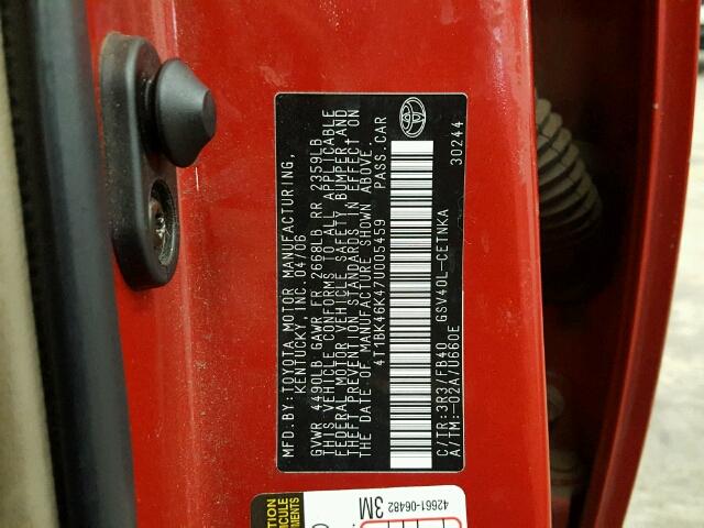 4T1BK46K47U005459 - 2007 TOYOTA CAMRY NEW RED photo 10