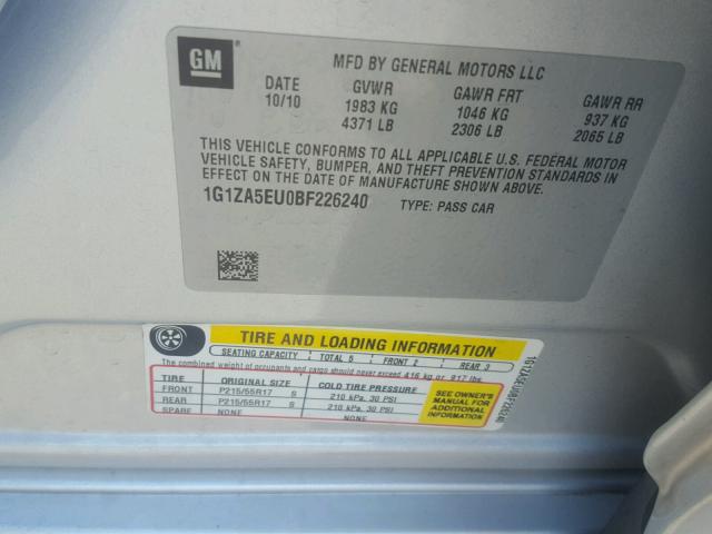 1G1ZA5EU0BF226240 - 2011 CHEVROLET MALIBU LS 银色 照片 10