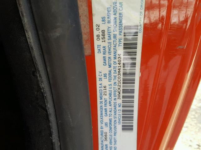 3VWCK21C03M414034 - 2003 VOLKSWAGEN NEW BEETLE ნარინჯისფერი ფოტო 10