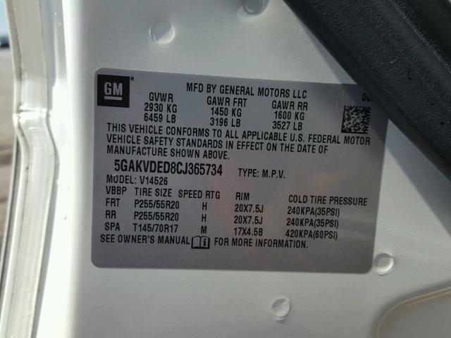 5GAKVDED8CJ365734 - 2012 BUICK ENCLAVE WHITE photo 10