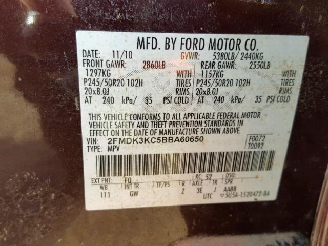 2FMDK3KC5BBA60650 - 2011 FORD EDGE LIMIT MAROON photo 10